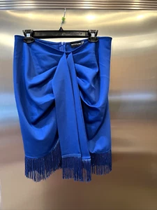 PRETTY LITTLE THING SKIRT W/ FRINGE HEM & RUCHED FRONT Blue Sz 10 CURVY PENCIL - Picture 1 of 5