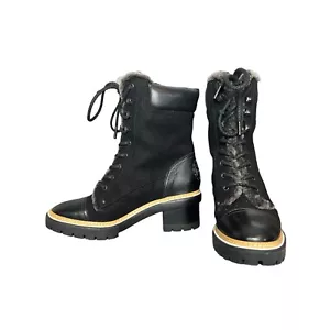Tory Burch Size 7.5 Miller Heeled Lug Sole Leather Bootie Black Shearling Lined - Picture 1 of 11