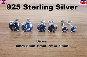 925 Sterling Silver - Mystic Topaz Round CZ Cubic Zirconia Stud Earrings - Picture 1 of 5