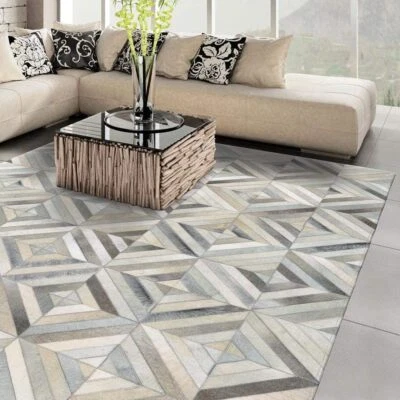 Handmade Cowhide Rug – New Grey Block Patchwork Leather Hair-On Area Carpet - Image 1 of 4