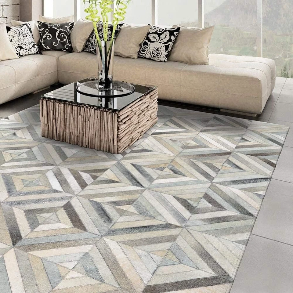 Handmade Cowhide Rug – New Grey Block Patchwork Leather Hair-On Area Carpet - Image 1 of 4