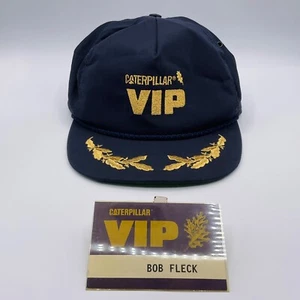 VTG Hat CAT Caterpillar VIP Cap + Name Badge Clip Navy Blue Gold Embroidered - Picture 1 of 14