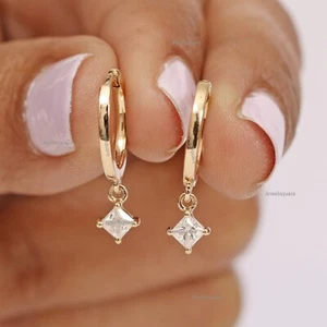 3x3mm Princess Natural Diamond Drop Huggies Earrings 14k Solid Gold Drop Hoops - Picture 1 of 8