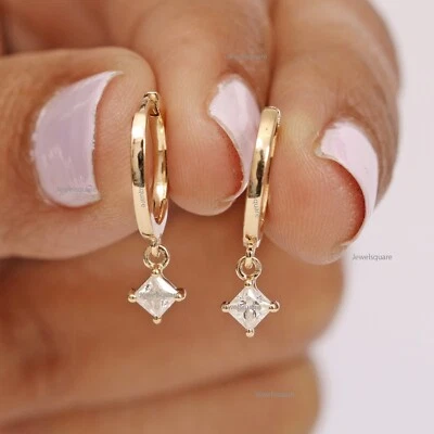3x3mm Princess Natural Diamond Drop Huggies Earrings 14k Solid Gold Drop Hoops - Image 1 of 4