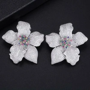 Exclusive Super Luxury Floral Flower Blossom Cubic Zirconia Women Bridal Earring - Picture 1 of 4