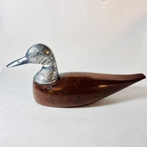 "Estatuilla de pato vintage tono plata cabeza de metal tallada a mano cuerpo de madera marrón 14""" - Imagen 1 de 22
