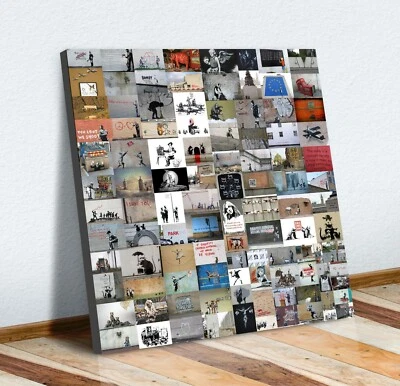 BANKSY COLLAGE MONTAGE CANVAS WALL ART PICTURE PRINT SQUARE XL - Image 1 of 4