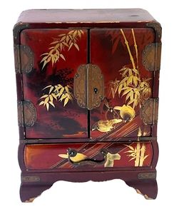 Japanese Red Lacquer Cabinet Jewelry Box Chest Gold Birds Hand Painted Antique - Picture 1 of 13