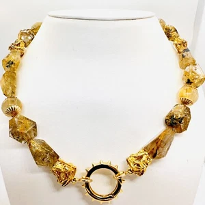 Natural Rutilated Quartz  15 x 17 mm 14k Gold Bead Push Clasp Necklace 18" - Picture 1 of 20