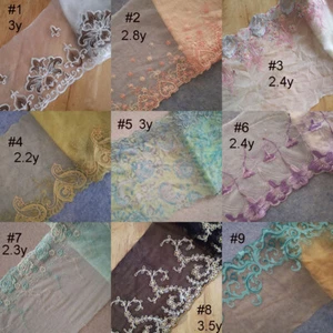 2 - 3 Yards Mesh Tulle Lace with Embroidered Nacarat/Pink/Red/Green Floral zheh3 - Picture 1 of 10