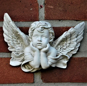 Winged Cherub Wall Plaque Figurine Statue Baby Angel Wings Remembrance Sculpture - Picture 1 of 10