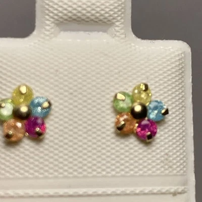 10k Yellow Gold Shape Flower With Several Color Stone, Earrings. New - Image 1 of 4