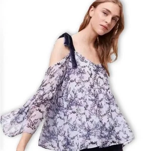 LOFT Top Womens Large Purple Off-Shoulder Blouse Floral Velvet Shoulder Ties - Picture 1 of 7