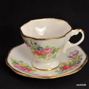 E Brain Foley 8-Sided Footed Cup Saucer Foley Tulip Pink Roses w/Gold 1936-1948 - Picture 1 of 12