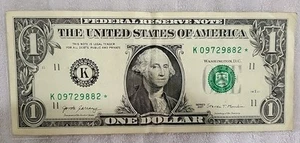 Billete de dólar K Star Note 2017 número de serie elegante K09729882* *BIL23 - Imagen 1 de 3