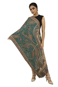 Women's Kashmiri Marine Green Kaani Rich Shawl Stole Wrap Soft and Warm Scarf - Picture 1 of 5