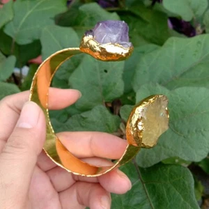 Natural Yellow Lemon Quartz Rough Amethyst Druzy Gold Plated Bangle Bracelet - Imagen 1 de 6