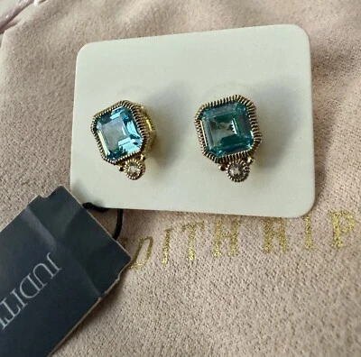Judith Ripka Gold Clad Sterling Earrings Blue Stone NWT & Pouch  - Image 1 of 4