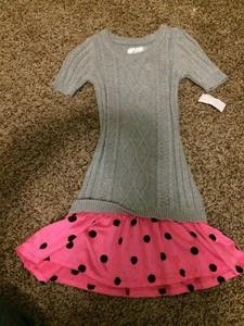 Justice Silver Sweater Dress 7 Pink and Black Polka Dot Skirt Short Sleeve - Picture 1 of 3