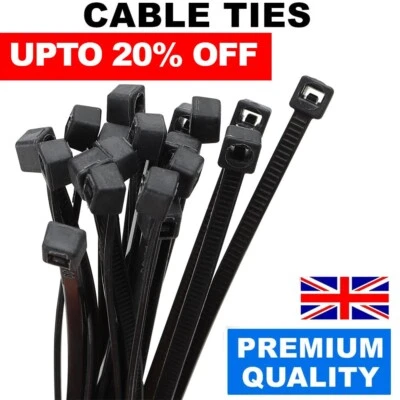 100 Pack 7.6 x 450mm Cable Ties Tie Wraps Black Nylon Zip Strong Heavy Duty - Image 1 of 4