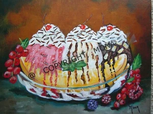 BANANA SPLIT ICE CREAM-w- BERRIES "AFTERNOON DELIGHT" HAND PAINTED~11x14 by Mona - Picture 1 of 5