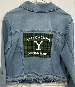 Upcycled Denim Jacket w/ Yellowstone Dutton Ranch on back patch Womens XL - Picture 1 of 5
