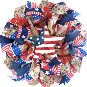 Patriotic Day Memorial Day American Flag Color Burlap Mesh Wreath for Front Door - Picture 1 of 6