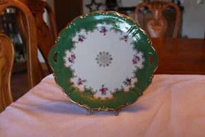 Bavarian China Vintage Green & Gold Floral Double Handled Serving Cake Platter - Picture 1 of 12