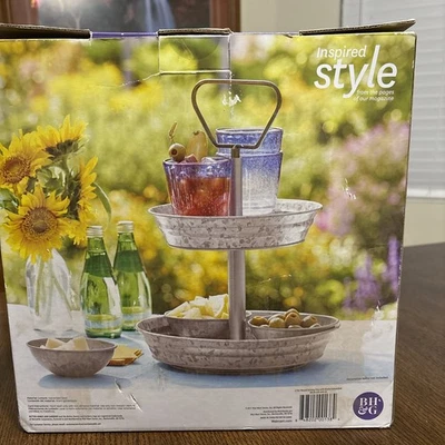 Galvanized Metal 2 Tiered Round Serving Tray,11.92"D.x16 14"H.15.94" H. - Image 1 of 4