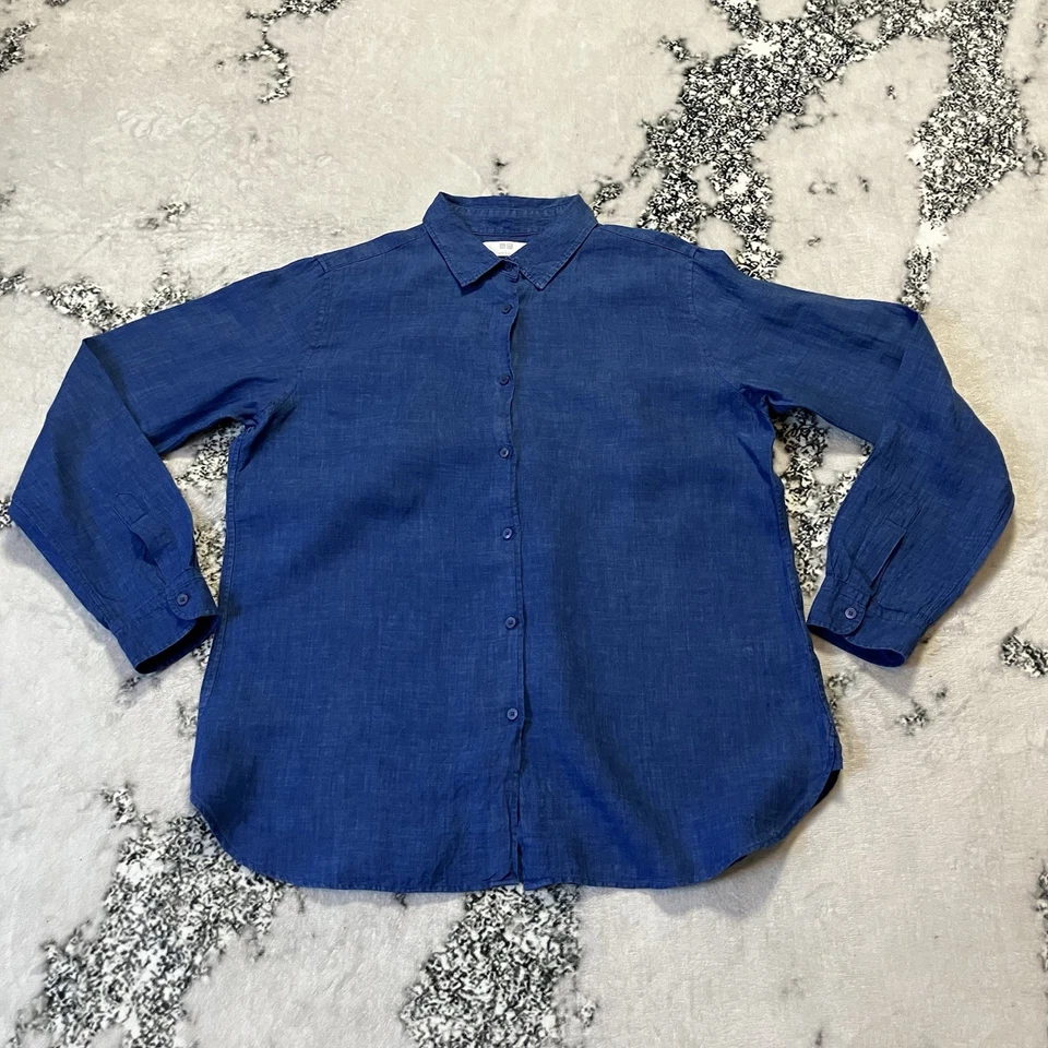 Camisa Uniqlo para mujer talla grande azul lino cuello abotonado resort playera Foto 1 de 4