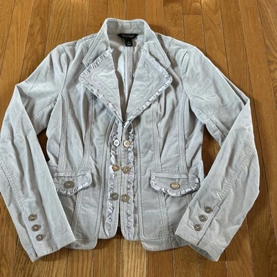 White House Black Market WHBM Ruffle Edge Corduroy Jacket Blazer Sz 4 Light Gray - Image 1 of 4