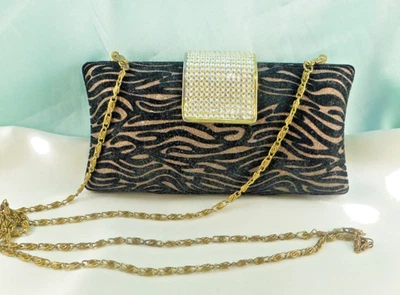 Vintage Evening Bag Jeweled Closure Cross Body Chain Black Velvet Feel SPARKLY - Image 1 of 4