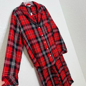 Victorias Secret Pajama Set Size M Red Plaid Dream Long Bottoms Button Up Cotton - Picture 1 of 14