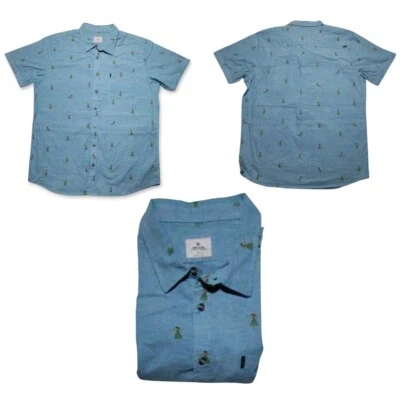 Rip Curl Hula Girl Hawaiian Shirt Mens XL Heather Blue Short Sleeve Button Up - Image 1 of 4