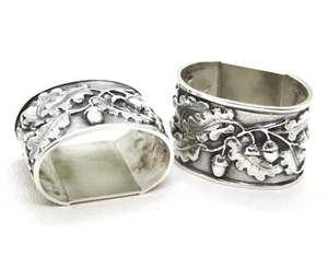 Pair Of 2 Serviette Rings Silver 925 Foliate Engraved Hand With Acorns - Lozzi - Picture 1 of 2
