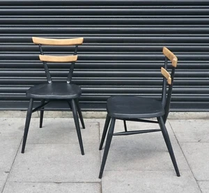 2x adult black painted vintage 1960s Ercol two bar stacking dining chairs - Picture 1 of 15