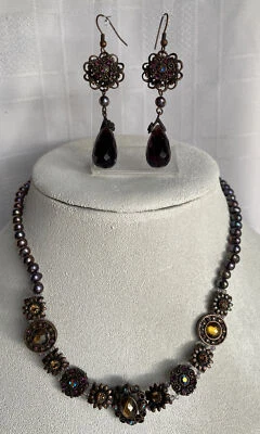 Park Lane Copper Ciao Bella Necklace Earrings Purple Peacock Freshwater Pearls - Image 1 of 4