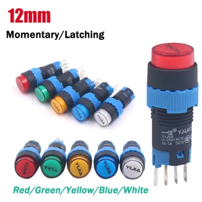 LA12 12mm Round Push Button Switch LED Illuminated Momentary Latching 1 NO/1 NC - Image 1 of 4