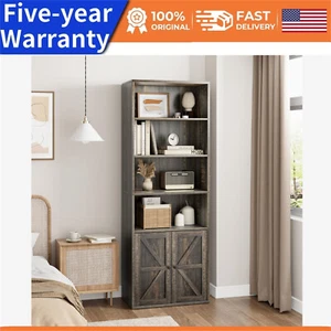 Tall Bookshelf Farmhouse Bookcase with Doors Display Storage Shelves Wooden NEW - Picture 1 of 8