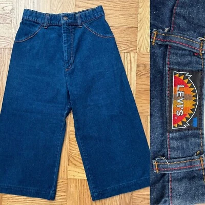 "Pantalones cortos largos de mezclilla LEVIS de colección años 70 arco iris puntada pierna ancha gaucho 25""x 17""" Foto 1 de 4