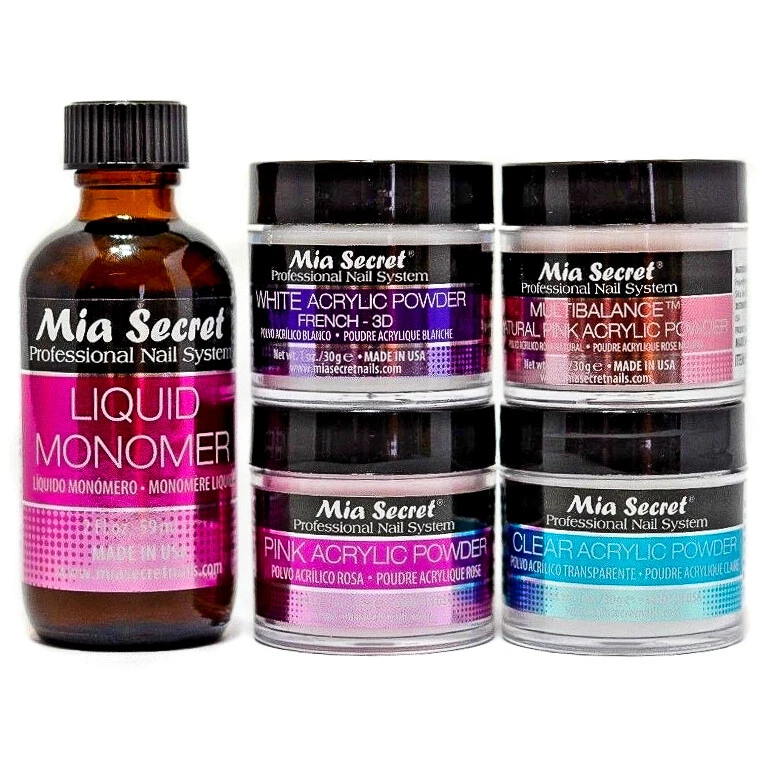 POLVOS ACRÍLICOS MIA SECRET MONÓMERO LÍQUIDO 2 oz y 2/3/4 (rosa, multi, blanco y transparente) Foto 1 de 1