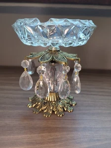 Vintage Hollywood Regency Crystal Candy Bowl on Brass Pedestal Read Description  - Picture 1 of 8