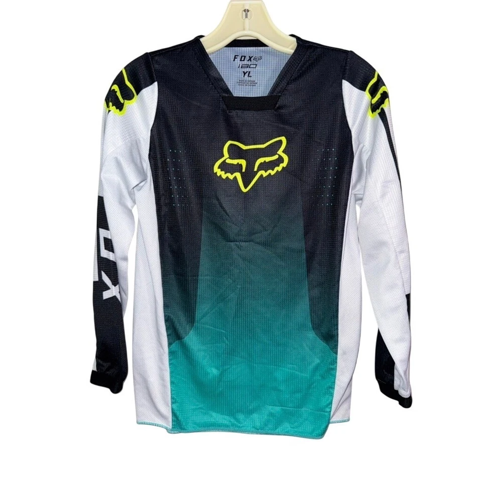 Camiseta deportiva para niños jóvenes YXL Fox Racing 180 negra verde blanca manga larga motocross Foto 1 de 4