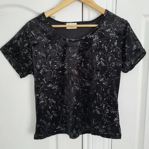 ANNA MORELLE Vintage Top Size 14-UK Black Velour Sparkly Silver Floral Print - Picture 1 of 5