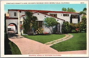 Postal de lino de Beverly Hills CA STARS' HOMES de la década de 1930 "CONSTANCE BENNETT'S HOME" - Imagen 1 de 2