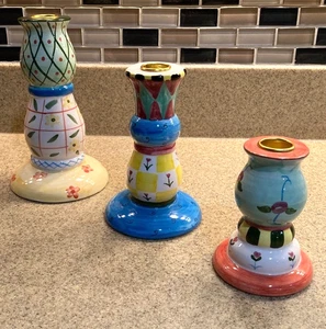 3 handbemalte Kerzenständer inspiriert von MacKenzie-Childs Keramik - Bild 1 von 5