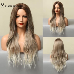 Wavy Curly Long Ombre Brown Light Blonde Synthetic Party Wigs Women Daily Hair - Picture 1 of 9