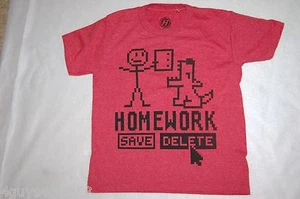 Boys S/S Tee Shirt RED Dog Eats Homework SAVE DELETE Stick Figure FUNNY Size L - Picture 1 of 1