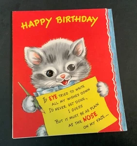 VTG Forget-Me-Not Birthday Card Kitty Cat Button Eye on Nose Inside Big Blue Bow - Picture 1 of 4