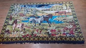 70 x 49 Vintage Large Italian Wall Hanging Velvet Tapestry Rug Wild Horse 1970s - Picture 1 of 13